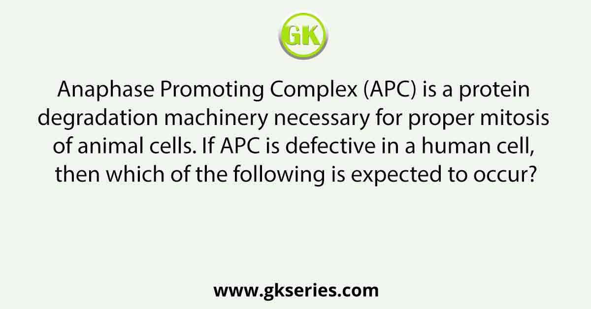 Anaphase Promoting Complex (APC) is a protein degradation machinery necessary for proper mitosis of animal cells. If APC is defective in a human cell, then which of the following is expected to occur?