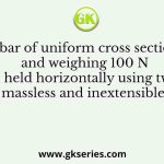 A bar of uniform cross section and weighing 100 N is held horizontally using two massless and inextensible