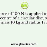 A force of 100 N is applied to the centre of a circular disc, of mass 10 kg and radius 1 m