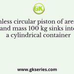 A frictionless circular piston of area 10-2 m2 and mass 100 kg sinks into a cylindrical container