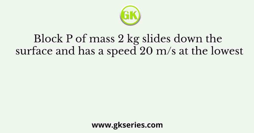 Block P of mass 2 kg slides down the surface and has a speed 20 m/s at the lowest