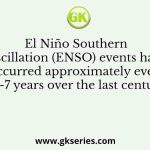 El Niño Southern Oscillation (ENSO) events have occurred approximately every 3-7 years over the last century