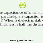 The capacitance of an air-filled parallel-plate capacitor is 60 pF. When a dielectric slab whose thickness is half the distance