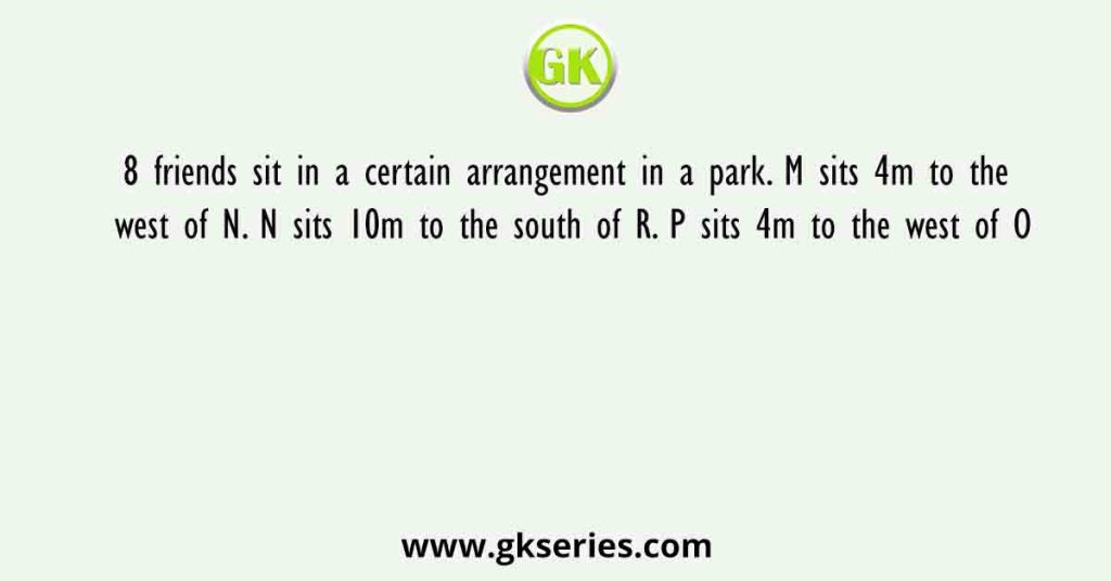 8 friends sit in a certain arrangement in a park. M sits 4m to the west of N. N sits 10m to the south of R. P sits 4m to the west of O