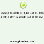 A, B and C invested Rs. 8,000, Rs. 4,000 and Rs. 8,000 respectively in a business. A left it after six months and at the end of eighth month