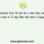 A contractor hires 36 men for a work, they complete 3/4th of the work in 15 days. After that work is stopped due to rain