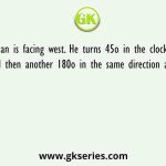 A man is facing west. He turns 45o in the clockwise direction and then another 180o in the same direction and then 270o