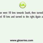 A man went 10 kms towards South, then turned East and covered 10 kms and turned to the right. Again after 10 kms