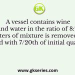 A vessel contains wine and water in the ratio of 8:7. 45 liters of mixture is removed and filled with 7/20th of initial quantity