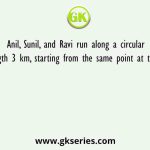 Anil, Sunil, and Ravi run along a circular path of length 3 km, starting from the same point at the same time