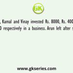 Arun, Kamal and Vinay invested Rs. 8000, Rs. 4000 and Rs. 8000 respectively in a business. Arun left after six months
