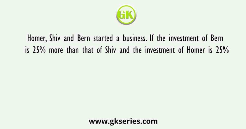 Homer, Shiv and Bern started a business. If the investment of Bern is 25% more than that of Shiv and the investment of Homer is 25%