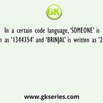 In a certain code language, ‘SOMEONE’ is written as ‘1344354’ and ‘BRINJAL’ is written as ‘2995183’