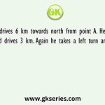 Karan drives 6 km towards north from point A. He takes a left turn and drives 3 km. Again he takes a left turn and drives 3 km