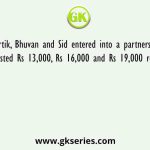 Kartik, Bhuvan and Sid entered into a partnership and invested Rs 13,000, Rs 16,000 and Rs 19,000 respectively