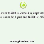 P invests Rs.5000 in Scheme A in Simple interest at 15% per annum for 3 years and Rs.4000 at 20% for 2 years