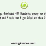 Priya distributed 444 Notebooks among her three sons P, Q and R such that P got 2/3rd less than Q and 60%