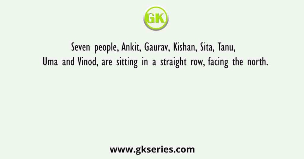 Seven people, Ankit, Gaurav, Kishan, Sita, Tanu, Uma and Vinod, are sitting in a straight row, facing the north.