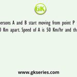 Two persons A and B start moving from point P towards Q which are 1400 Km apart. Speed of A is 50 Km/hr and that of B is 20 Km/hr