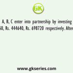 A, B, C enter into partnership by investing Rs. 190560, Rs. 444640, Rs. 698720 respectively. After 6 months