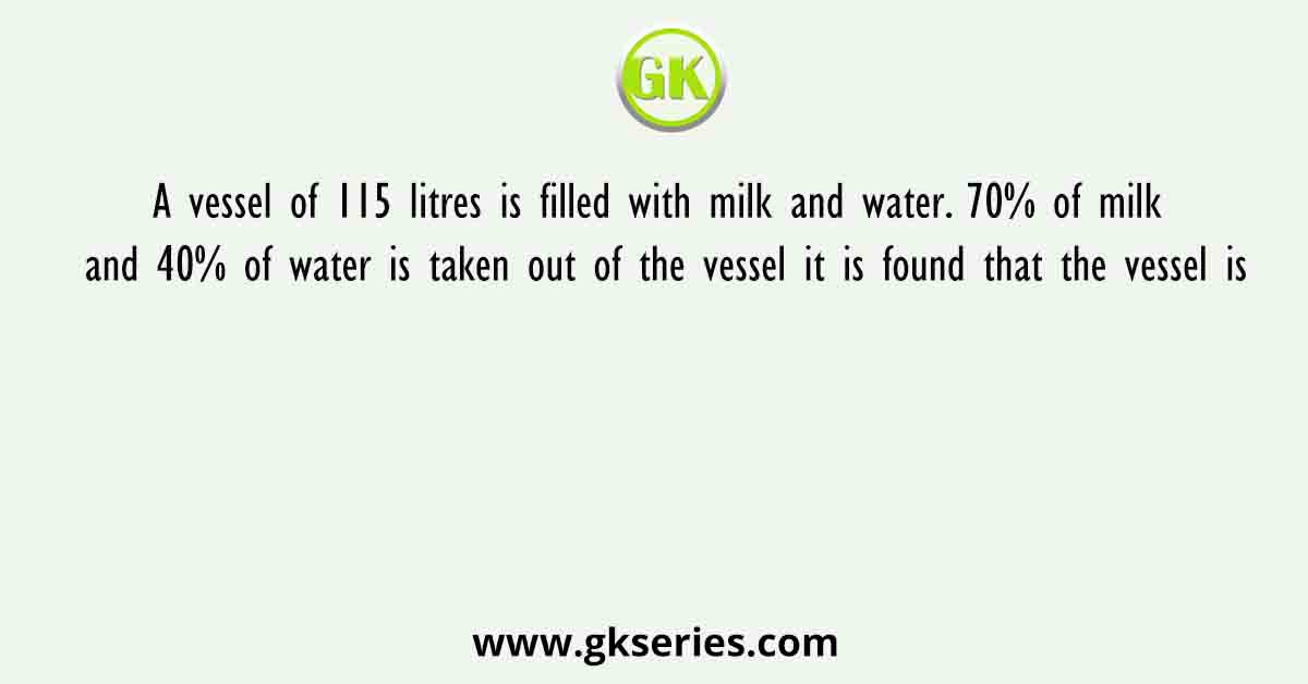A vessel of 115 litres is filled with milk and water. 70% of milk and 40% of water is taken out of the vessel it is found that the vessel is