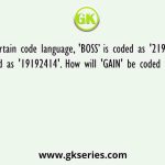 In a certain code language, 'BOSS’ is coded as '21967' and 'DEAL' is coded as '19192414'. How will 'GAIN' be coded in that language