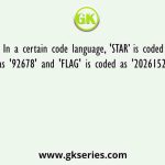 In a certain code language, 'STAR’ is coded as '92678' and 'FLAG' is coded as '20261521'