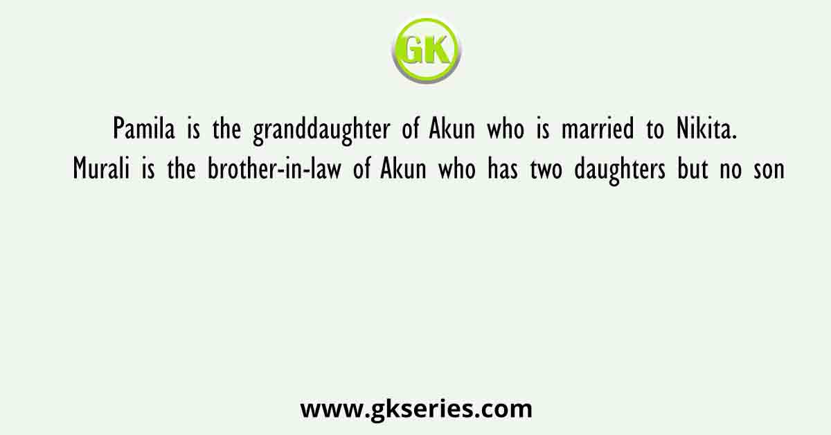 Pamila is the granddaughter of Akun who is married to Nikita. Murali is the brother-in-law of Akun who has two daughters but no son