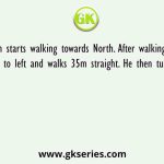 Stayen starts walking towards North. After walking 70m he turns to left and walks 35m straight. He then turns to left
