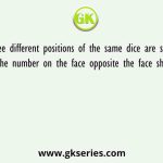 Three different positions of the same dice are shown. Find the number on the face opposite the face showing ‘2’