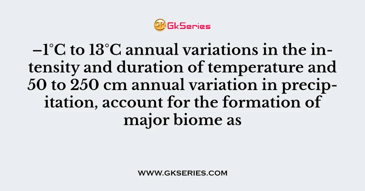 –1°C to 13°C annual variations in the intensity and duration of temperature and 50 to 250 cm annual variation in precipitation, account for the formation of major biome as