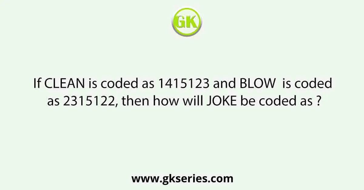 If CLEAN is coded as 1415123 a nd B LOW is coded as 2315122, then how will JOKE be coded as ?