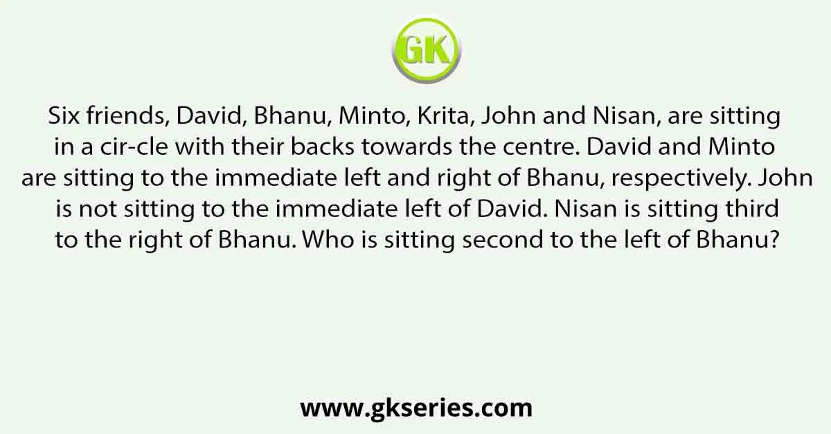 Six friends, David, Bhanu, Minto, Krita, John and Nisan, are sitting in a cir-cle with their backs towards the centre. David and Minto are sitting to the immediate left and right of Bhanu, respectively. John is not sitting to the immediate left of David. Nisan is sitting third to the right of Bhanu. Who is sitting second to the left of Bhanu?