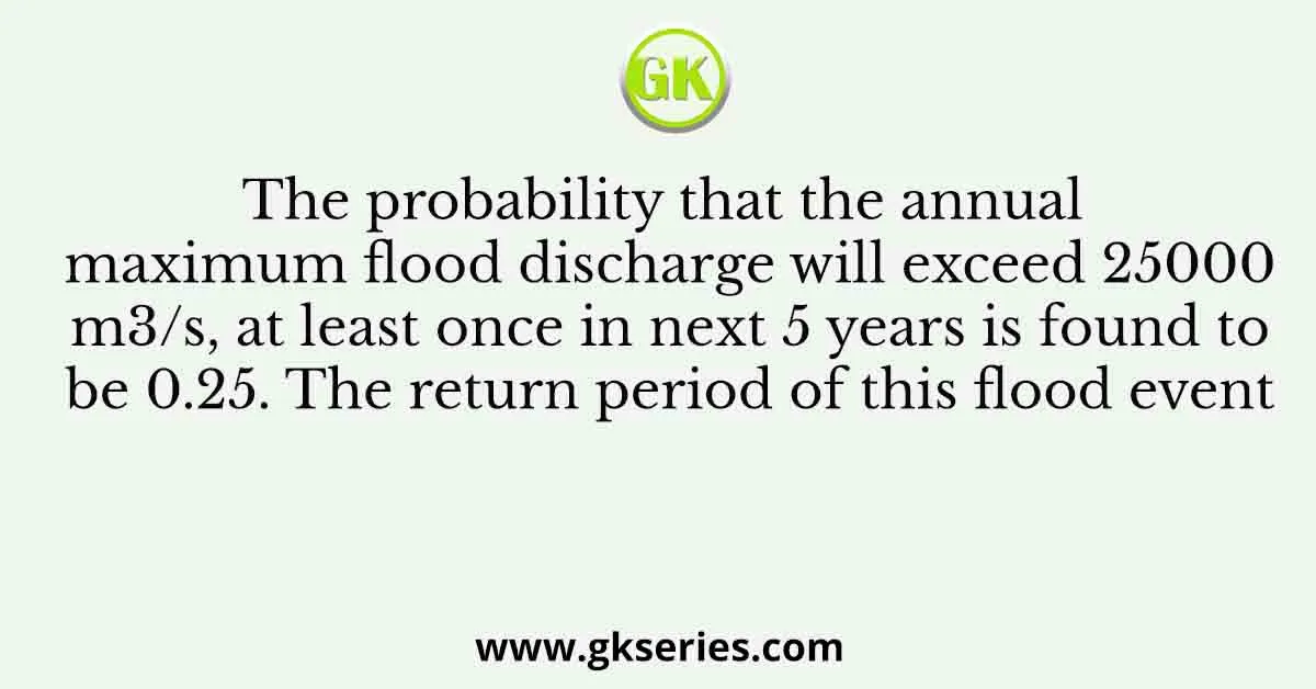 The probability that the annual maximum flood discharge will exceed 25000 m3/s, at least once in next 5 years is found to be 0.25. The return period of this flood event