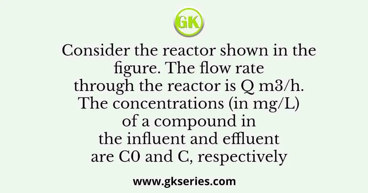 Consider the reactor shown in the figure. The flow rate through the reactor is Q m3/h. The concentrations (in mg/L) of a compound in the influent and effluent are C0 and C, respectively