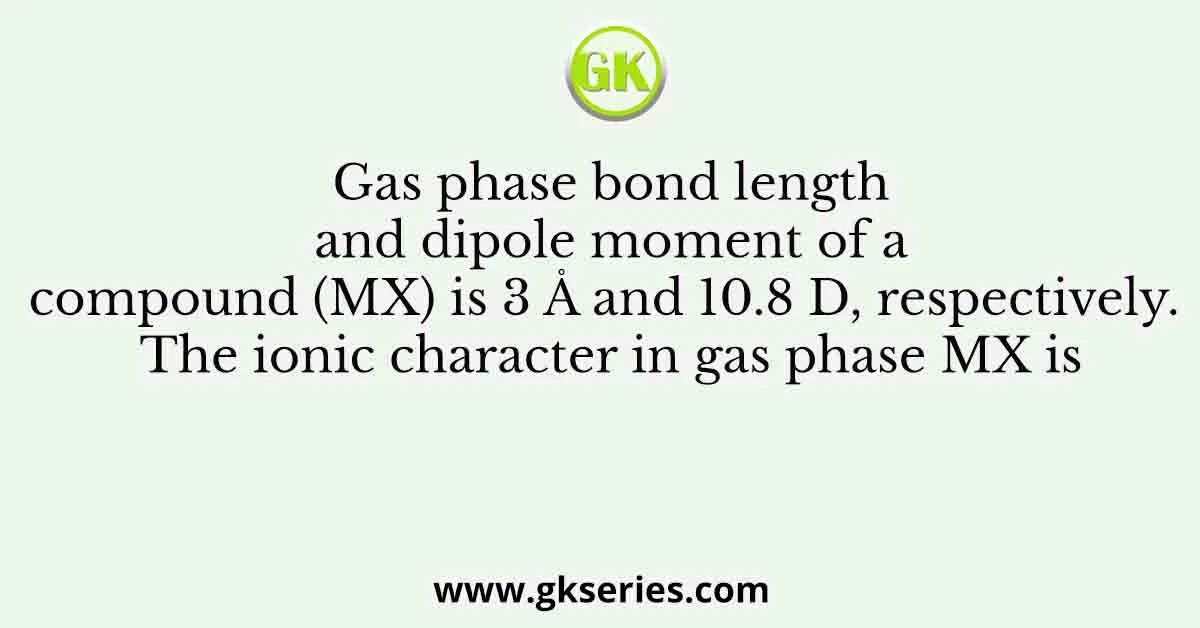 Gas phase bond length and dipole moment of a compound (MX) is 3 Å and 10.8 D, respectively. The ionic character in gas phase MX is