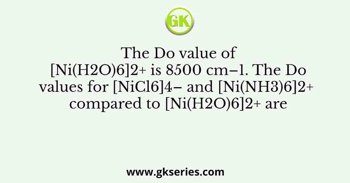 The Do value of [Ni(H2O)6]2+ is 8500 cm–1. The Do values for [NiCl6]4– and [Ni(NH3)6]2+ compared to [Ni(H2O)6]2+ are