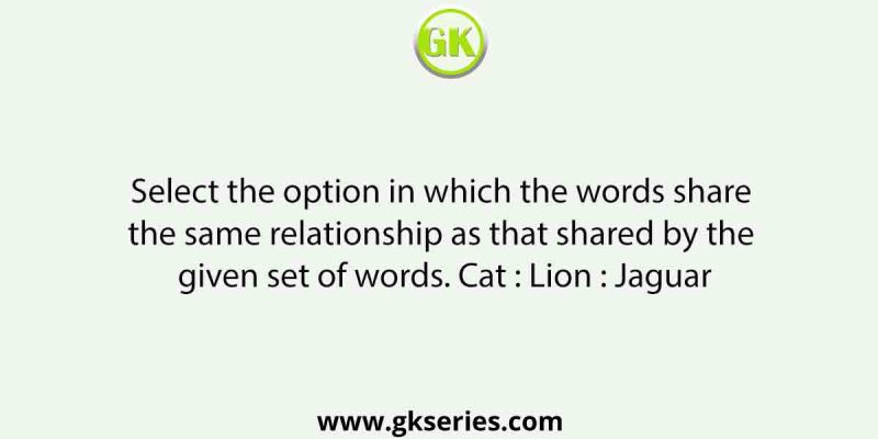Select the option in which the words share the same relationship as that shared by the given set of words. Cat : Lion : Jaguar