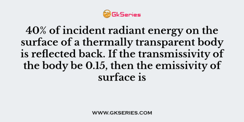 40% of incident radiant energy on the surface of a thermally transparent body is reflected back. If the transmissivity of the body be 0.15, then the emissivity of surface is