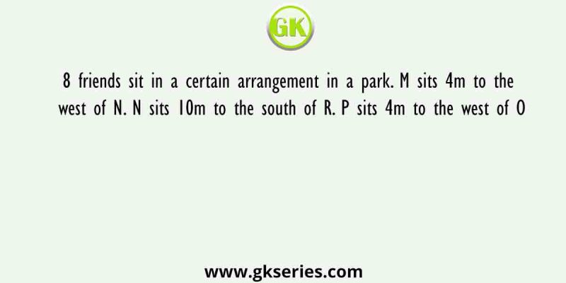 8 friends sit in a certain arrangement in a park. M sits 4m to the west of N. N sits 10m to the south of R. P sits 4m to the west of O