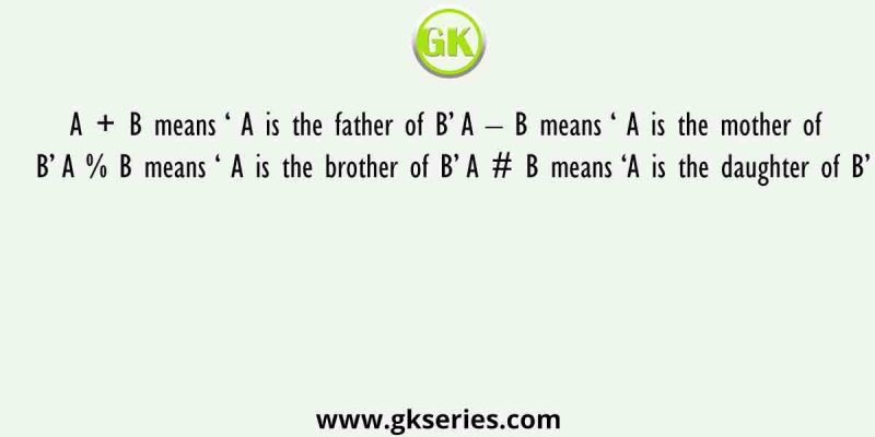 A + B means ‘ A is the father of B’ A – B means ‘ A is the mother of B’ A % B means ‘ A is the brother of B’ A # B means ‘A is the daughter of B’