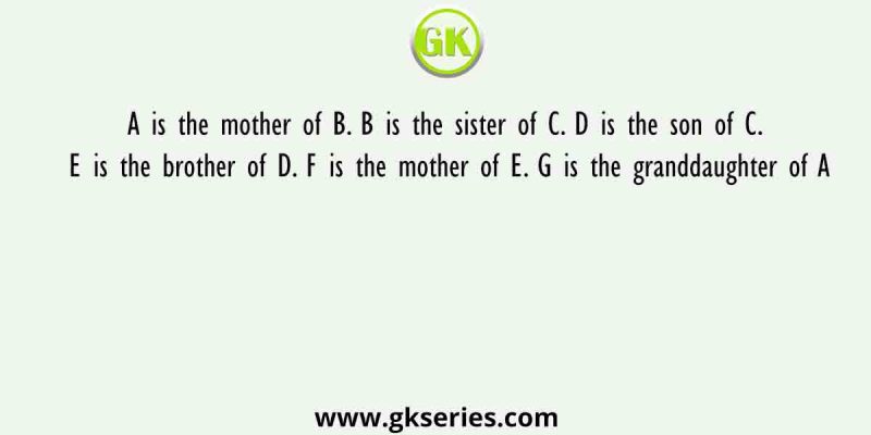 A is the mother of B. B is the sister of C. D is the son of C. E is the brother of D. F is the mother of E. G is the granddaughter of A