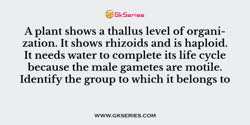 A plant shows a thallus level of organization. It shows rhizoids and is haploid. It needs water to complete its life cycle because the male gametes are motile