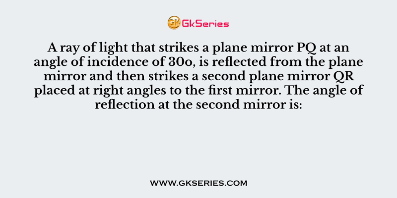A ray of light that strikes a plane mirror PQ at an angle of incidence of 30o, is reflected from the plane mirror and then strikes a second plane mirror QR placed at right angles to the first mirror. The angle of reflection at the second mirror is: