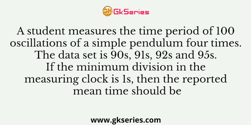 A student measures the time period of 100 oscillations of a simple pendulum four times. The data set is 90s, 91s, 92s and 95s. If the minimum division in the measuring clock is 1s, then the reported mean time should be