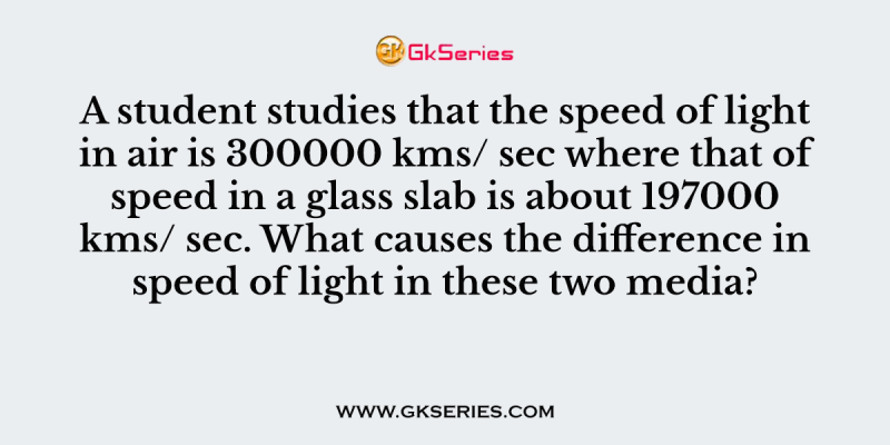 A student studies that the speed of light in air is 300000 kms/ sec where that of speed in a glass slab is about 197000 kms/ sec. What causes the difference in speed of light in these two media?