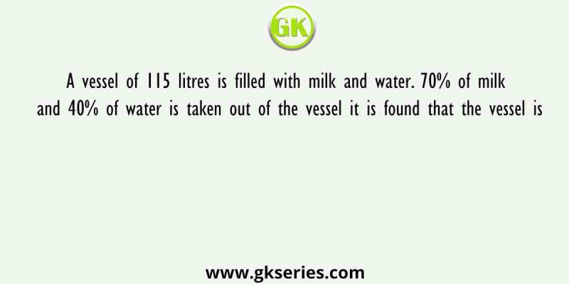 A vessel of 115 litres is filled with milk and water. 70% of milk and 40% of water is taken out of the vessel it is found that the vessel is