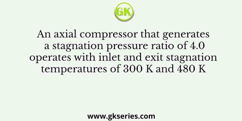 An axial compressor that generates a stagnation pressure ratio of 4.0 operates with inlet and exit stagnation temperatures of 300 K and 480 K