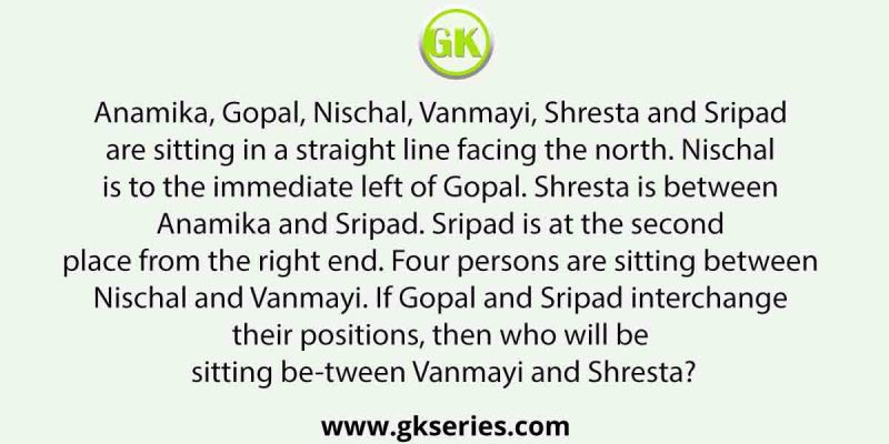 Anamika, Gopal, Nischal, Vanmayi, Shresta and Sripad are sitting in a straight line facing the north. Nischal is to the immediate left of Gopal.