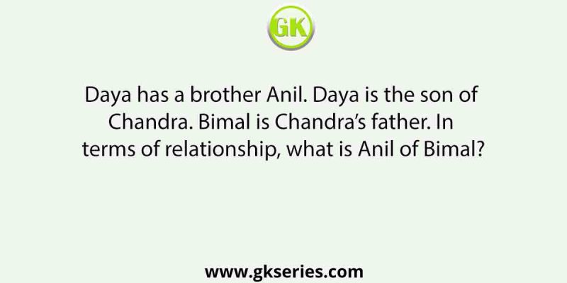 Daya has a brother Anil. Daya is the son of Chandra. Bimal is Chandra’s father. In terms of relationship, what is Anil of Bimal?